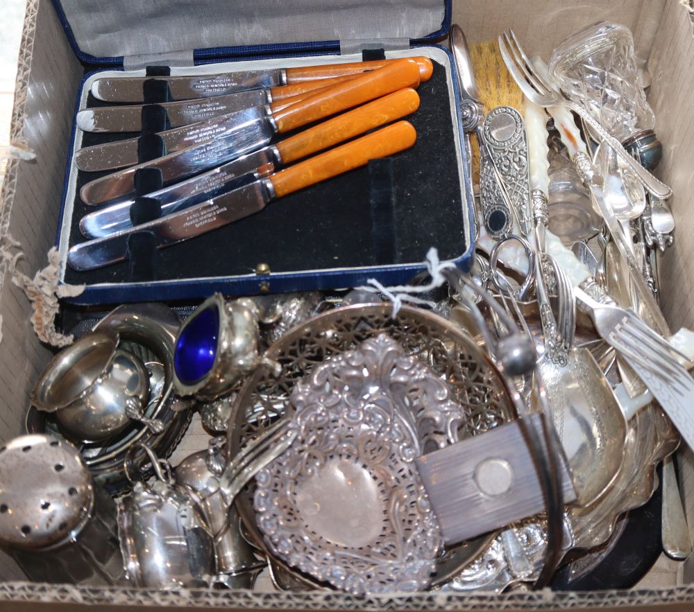 A circular silver bon bon dish with fretwork border, three silver pin dishes and sundry silver and plated items